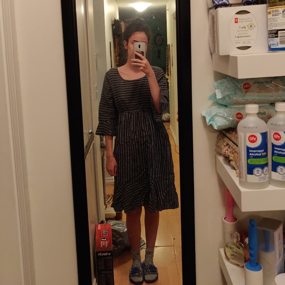 100% Linen Dress w Crew Neck, 3/4 Sleeves, Striped - Picture 1 of 7